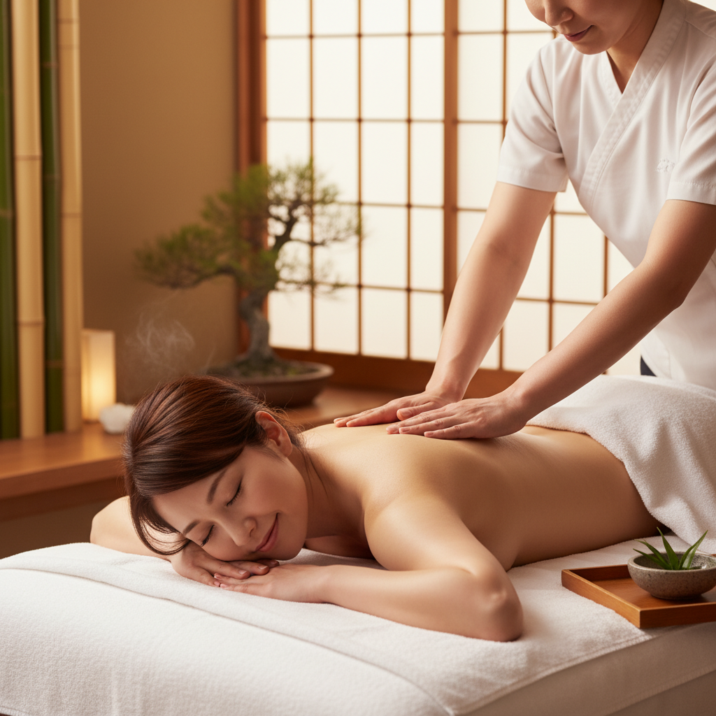 Masaje shiatsu tradicional japonés sobre colchoneta — técnica de presión
