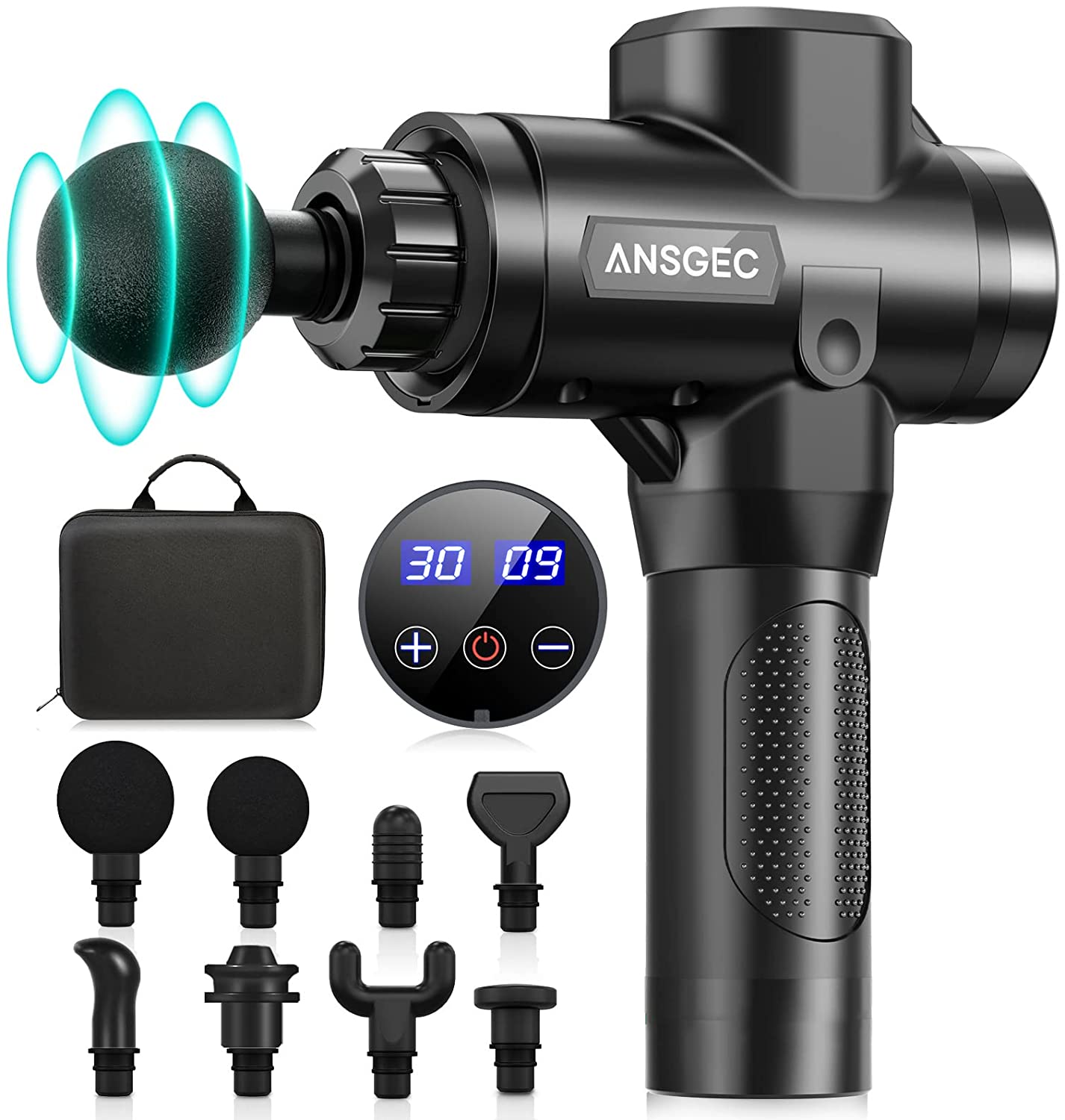 pistola de masaje muscular ANSGEC con LCD y cabezales