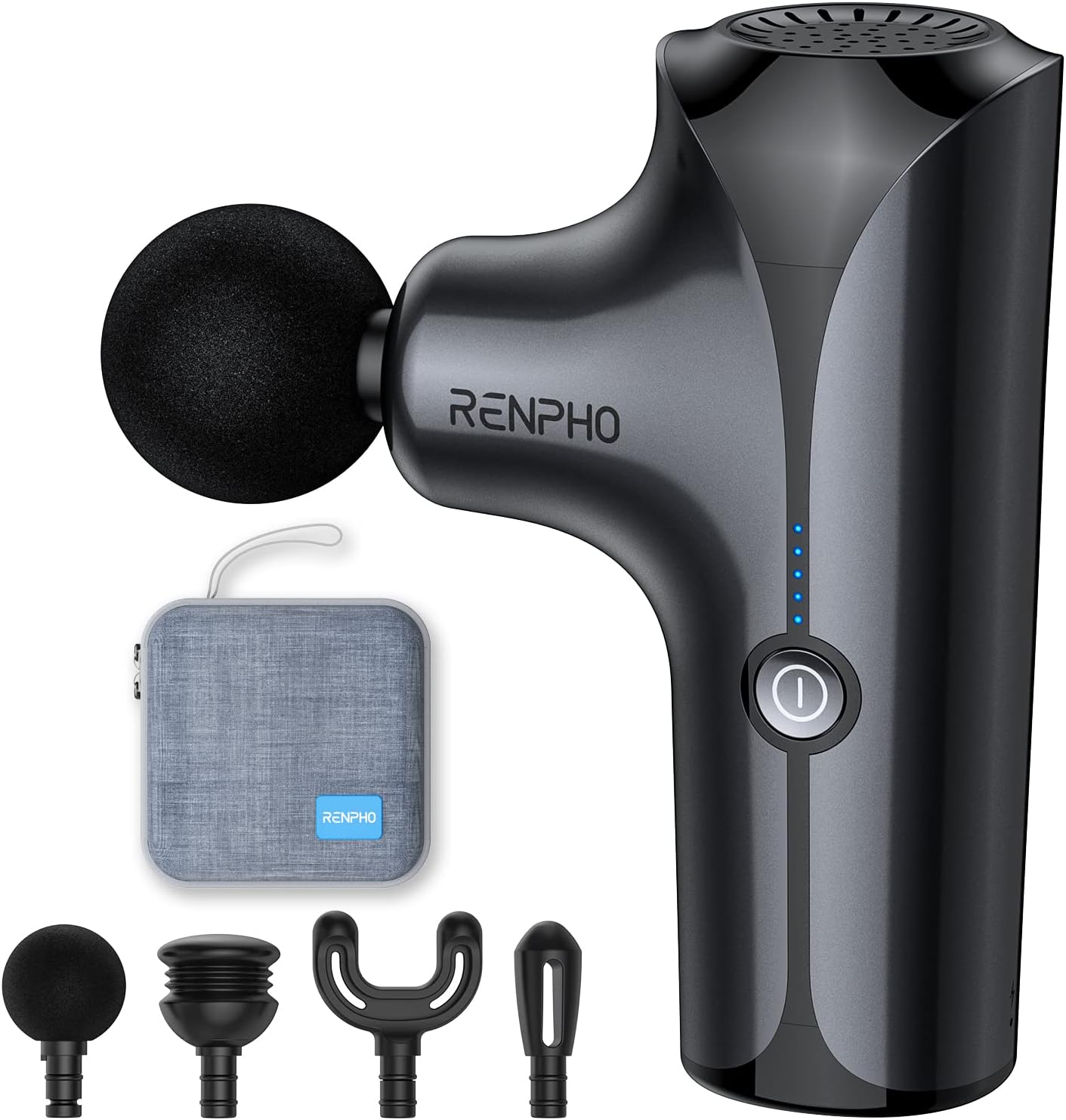 Pistola de masaje RENPHO básico ultraligera 0.45 kg 4 cabezales 5 modos carga USB-C portátil