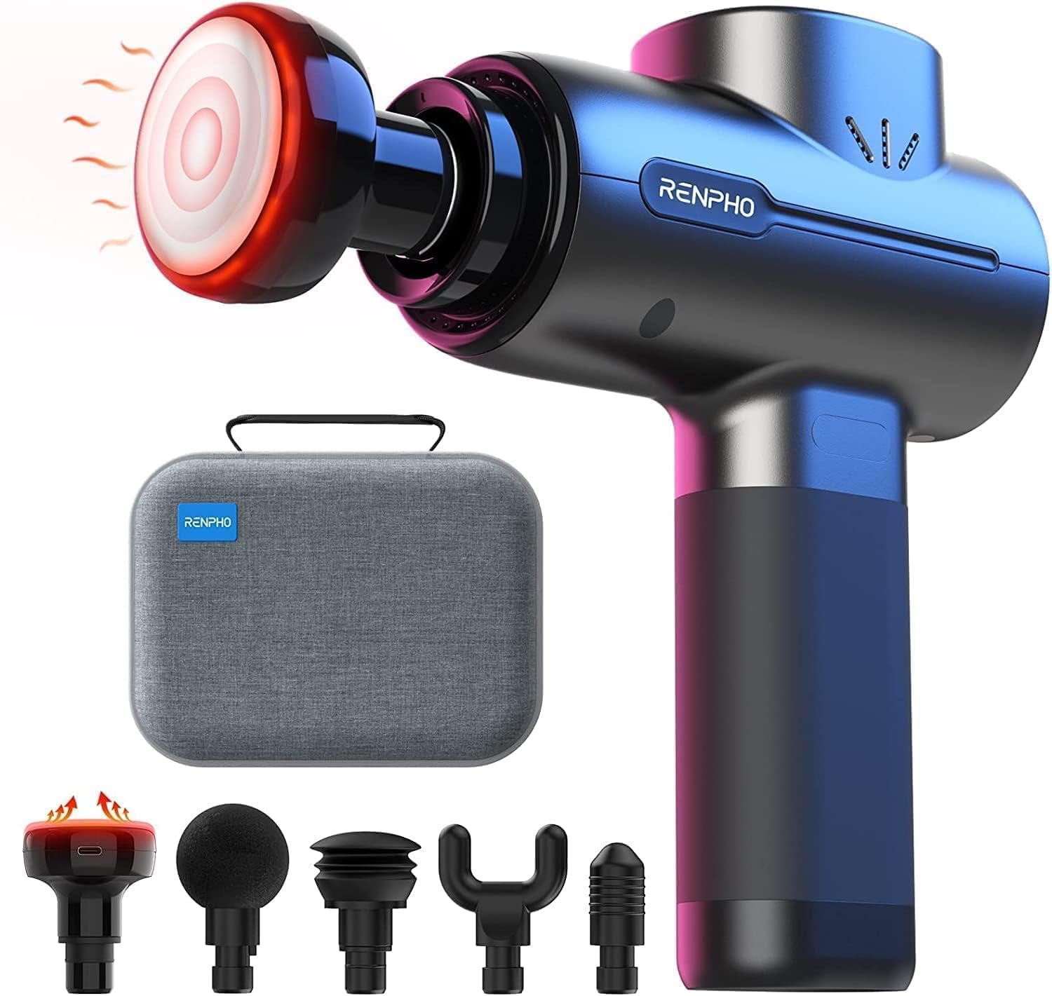 Pistola de masaje RENPHO calefacción cabeza calor 55 grados carcasa metal maletín 5 velocidades USB-C