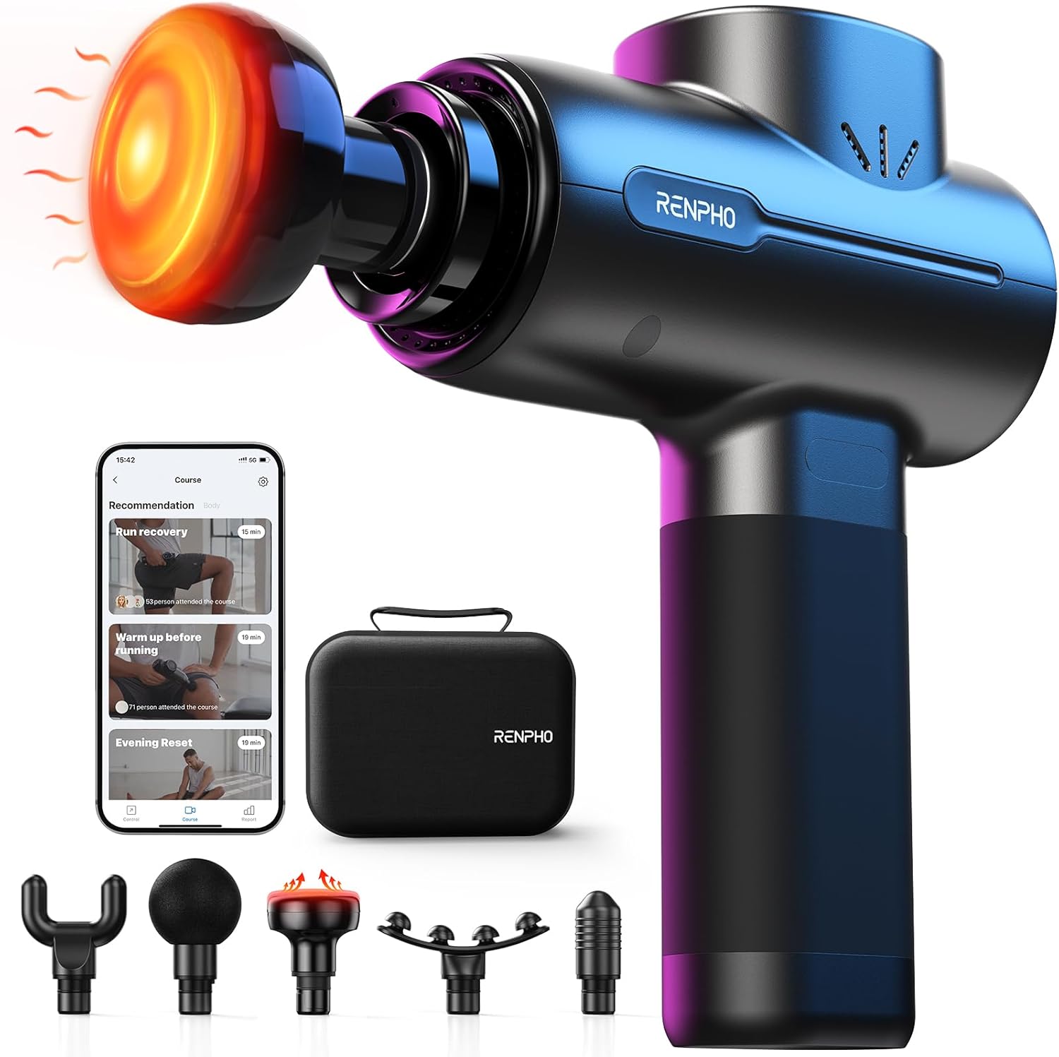 Pistola de masaje RENPHO calor Bluetooth app RENPHO Health 6 cabezales pantalla LED 5 velocidades