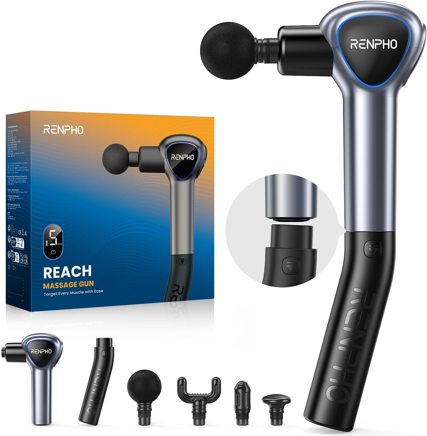 Pistola de masaje RENPHO Reach mango extensible desmontable espalda 5 velocidades pantalla LED táctil