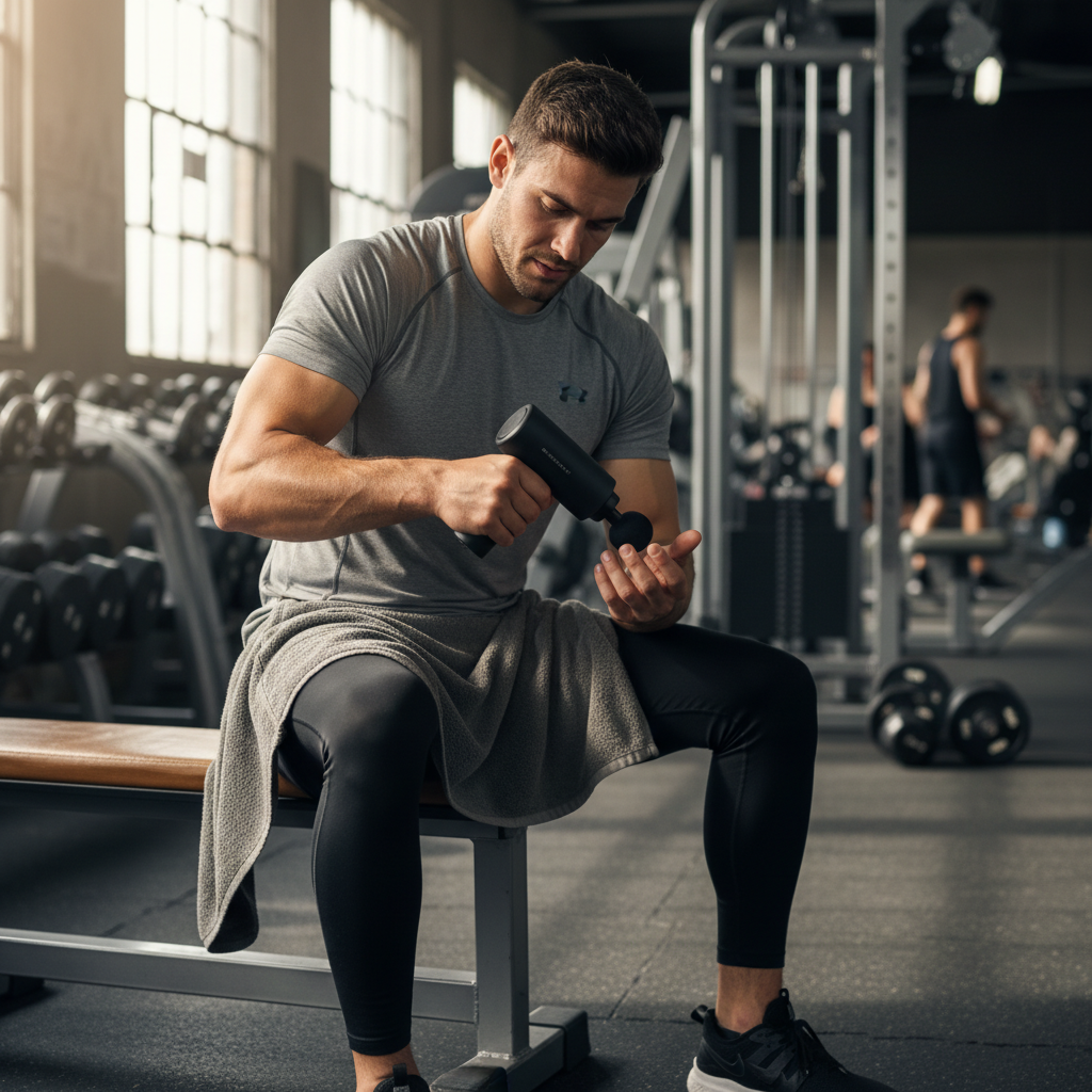 Chico joven usando mini pistola de masaje muscular compacta en el gimnasio