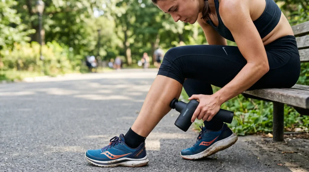 Deportista usando pistola de masaje Hoposo en gemelo post-entrenamiento