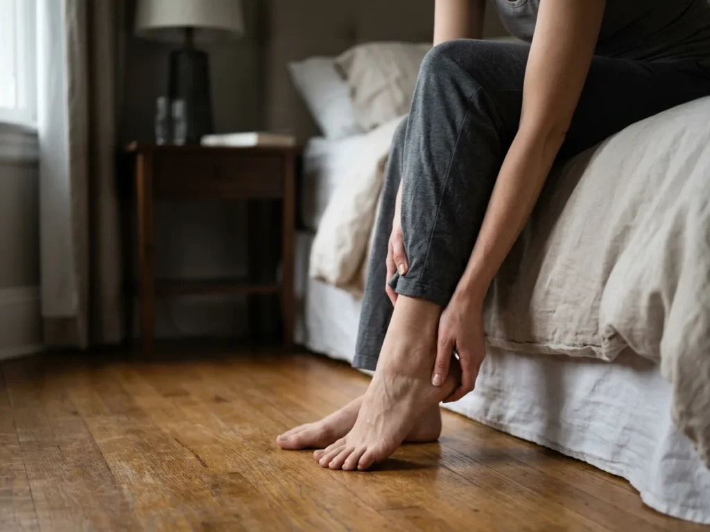 Fascitis plantar: persona sentada sujetándose el talón al dar los primeros pasos