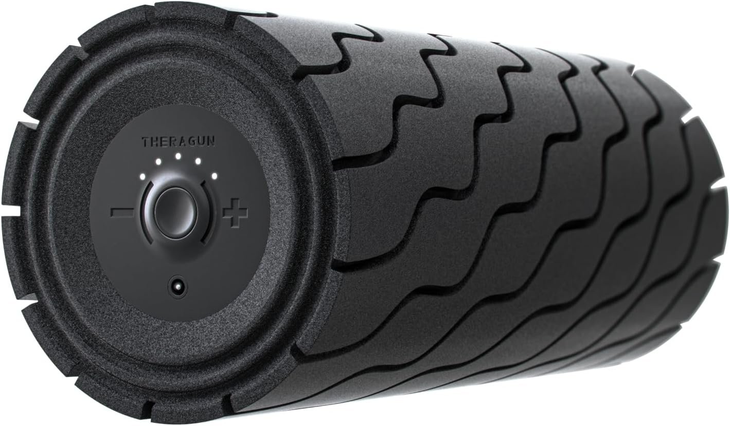Theragun Wave Roller negro, rodillo con textura ondulada y mando con indicador de niveles
