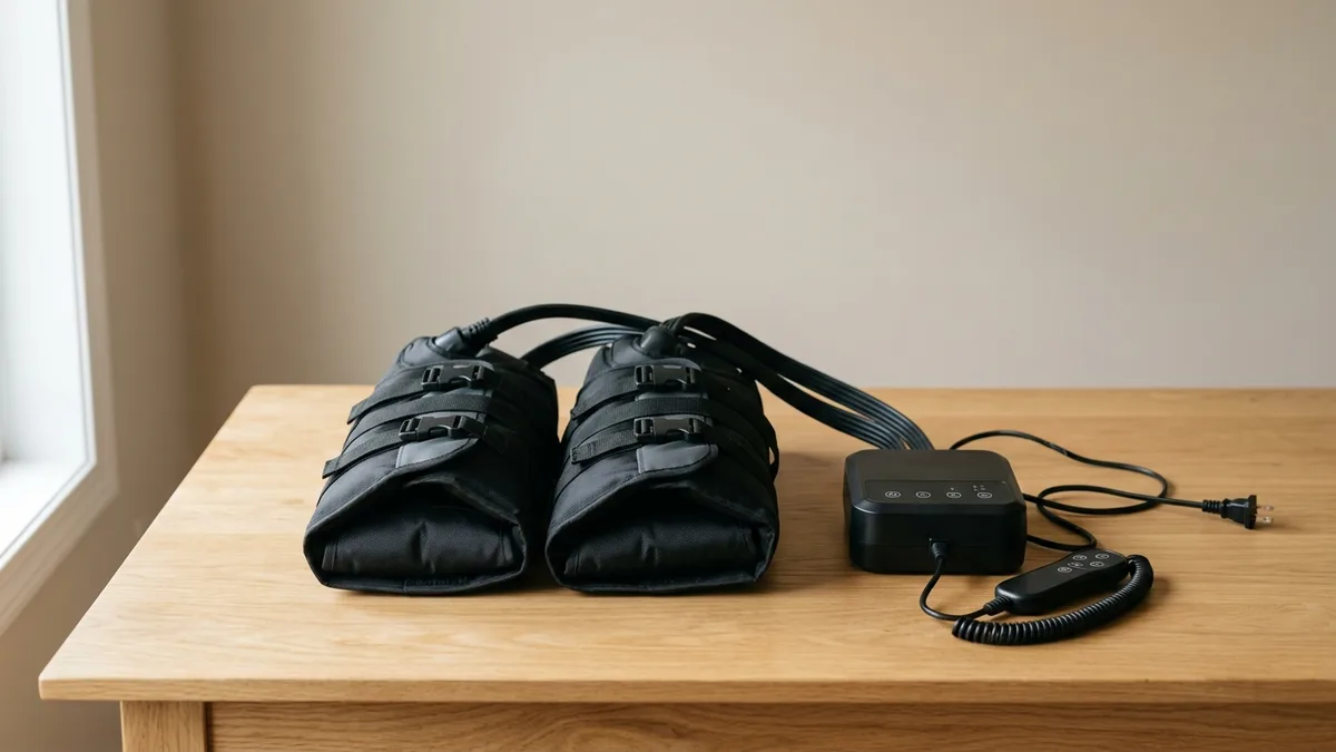 Botas de presoterapia y su unidad de control sobre una mesa de madera