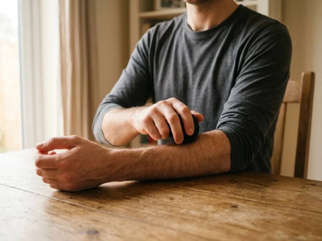Hombre presionando el antebrazo con una pelota negra sobre una mesa de madera, en casa: liberación miofascial