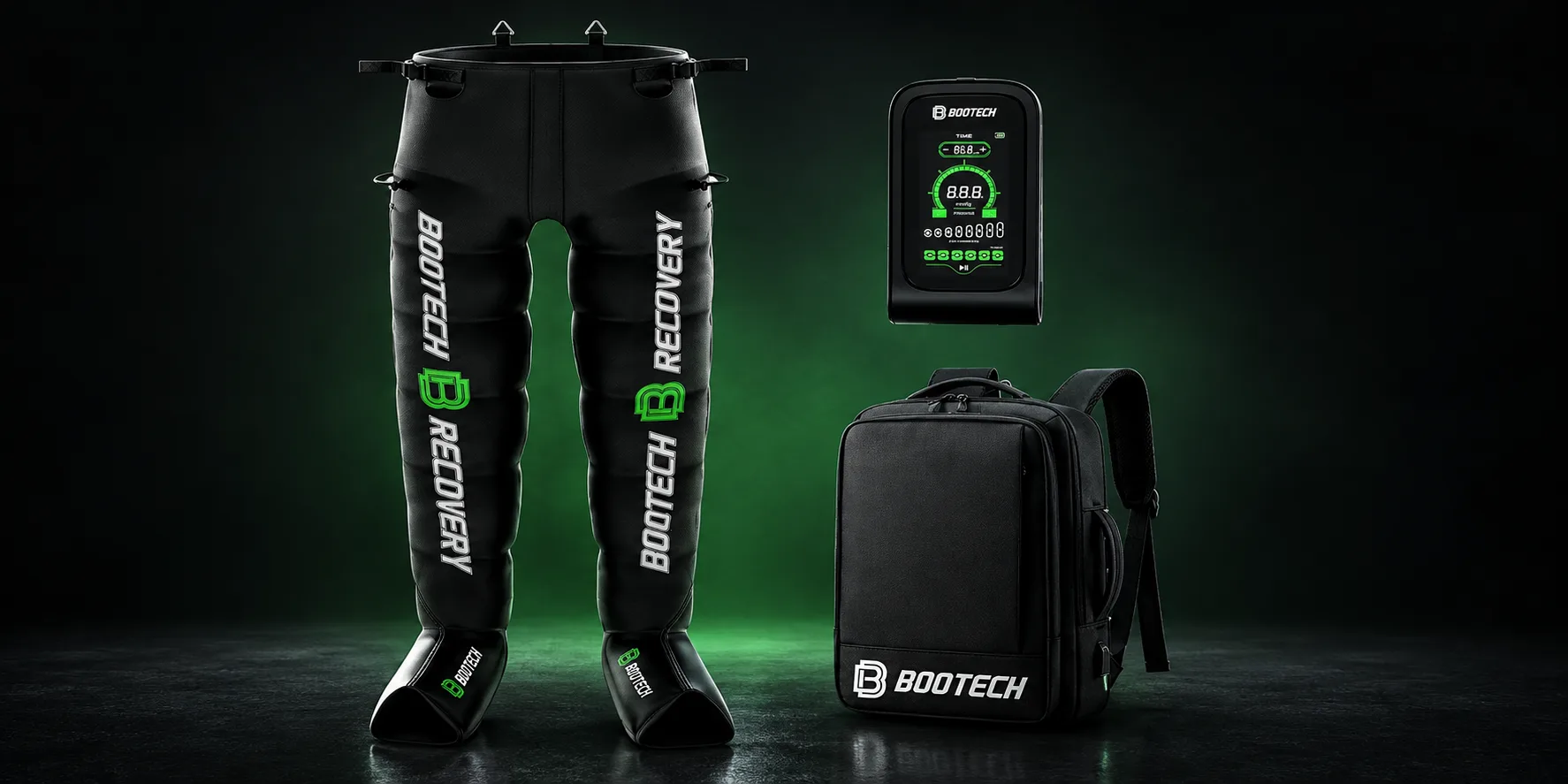 Pantalón de presoterapia BOOTECH completo con su unidad de control digital y mochila de transporte