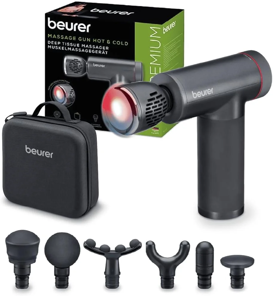 MG 195 Beurer Hot & Cold, pistola de masaje gris con anillo rojo y funda de transporte