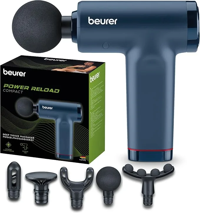 pistola de masaje beurer powerreload con 5 cabezales intercambiables