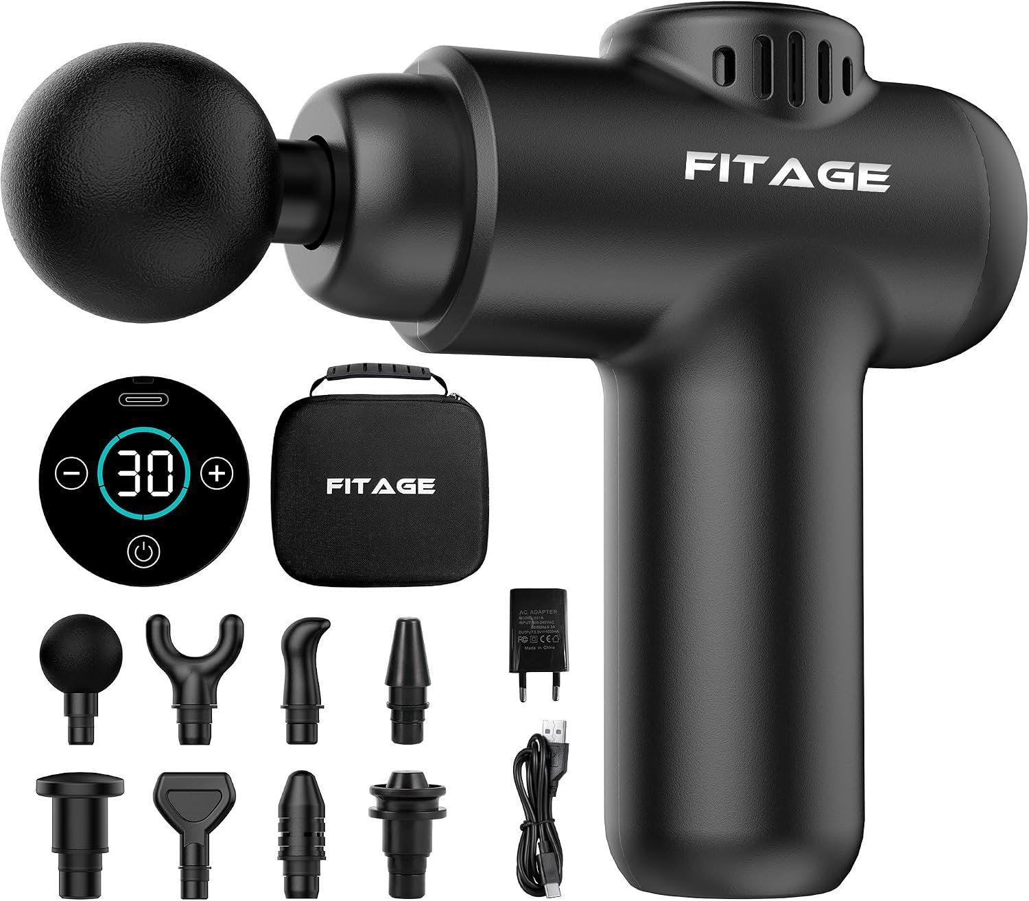 FITAGE Mini negra, con pantalla digital, funda de transporte y varios cabezales intercambiables