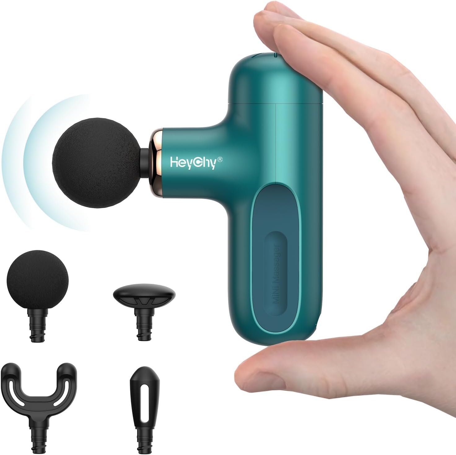 HEYCHY Mini verde azulado, sujeta en una mano para mostrar su tamaño compacto