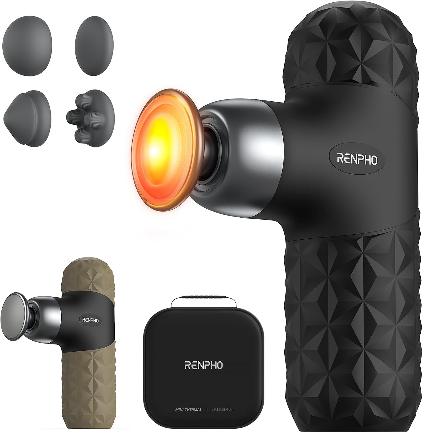 RENPHO Mini con calor, negra con textura facetada y cabezal con luz naranja encendida