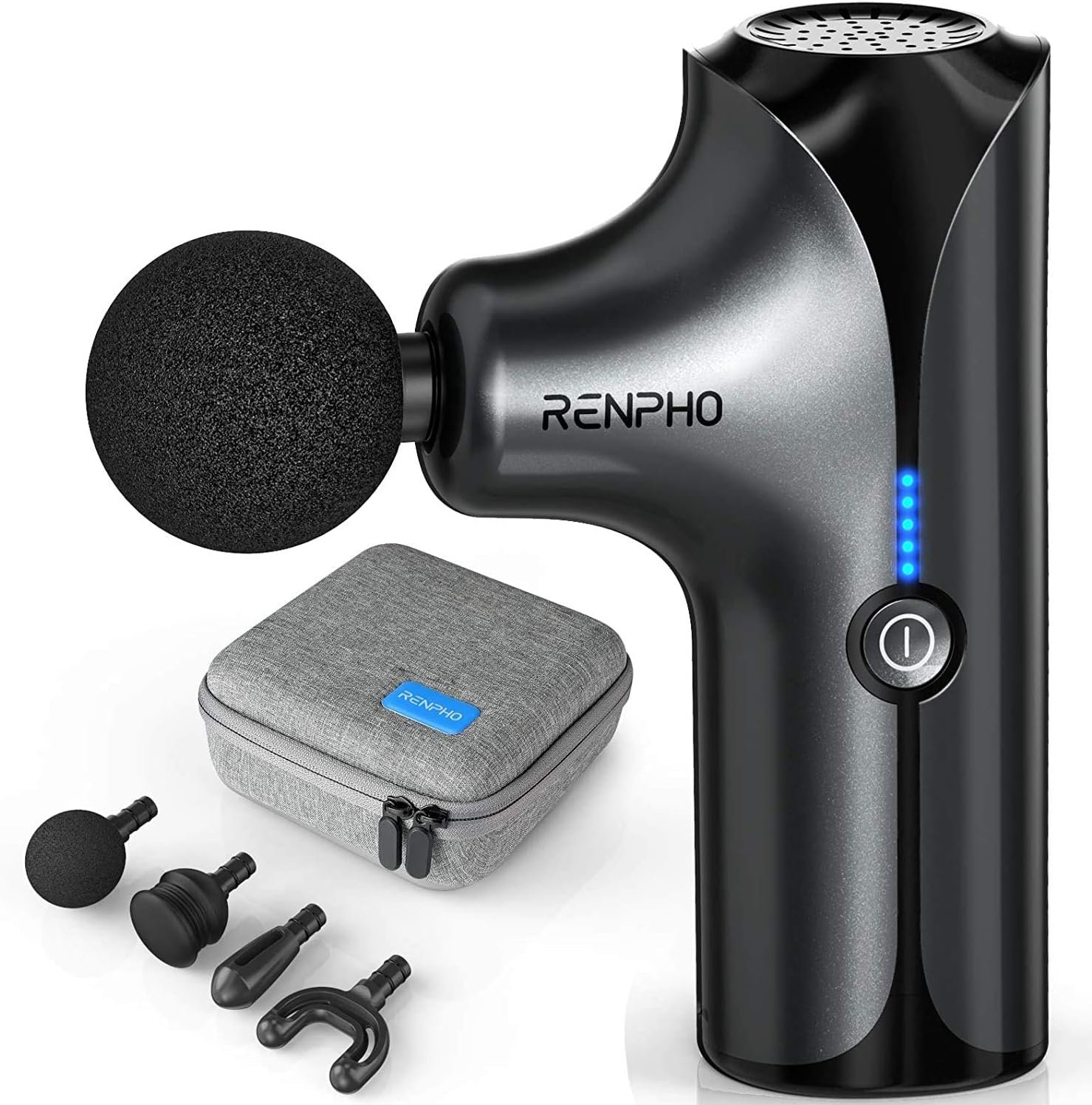 RENPHO Mini gris oscuro, con indicador de batería azul y varios cabezales
