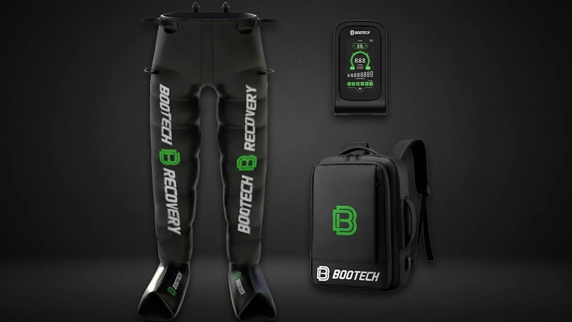 Pantalón de presoterapia BOOTECH Recovery con su unidad de control y mochila de transporte